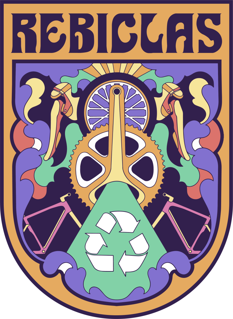 logo rebiclas muito colorido em que aparece partes de bicicletas e um símbolo de reciclagem