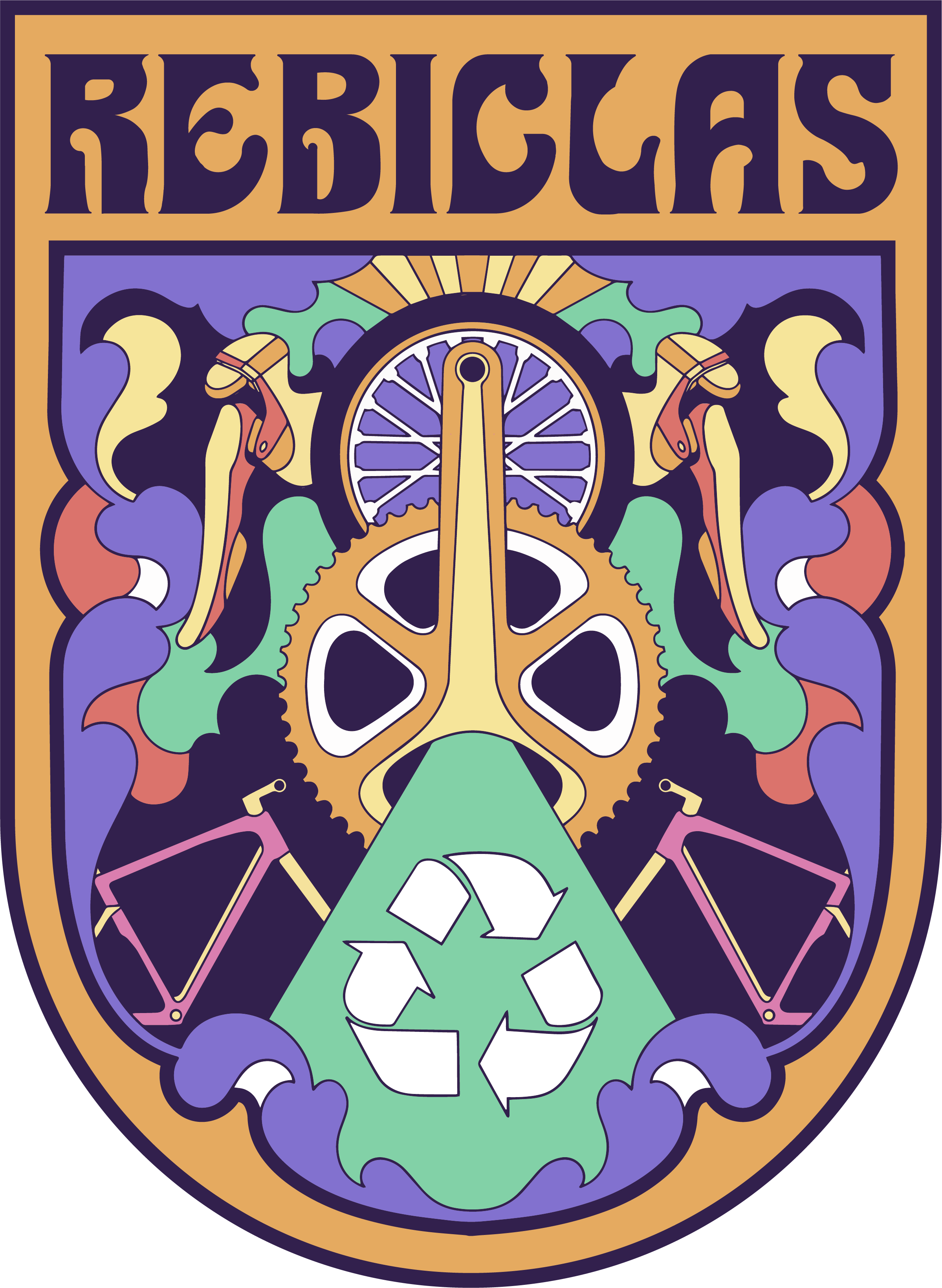 logo rebiclas muito colorido em que aparece partes de bicicletas e um símbolo de reciclagem